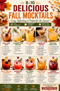 10 delicious fall mocktails with apple cider, cranberry, pumpkin, pear, ginger, citrus, and cozy autumn flavors.