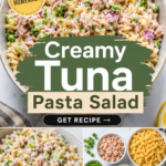 Creamy tuna pasta salad with rotini pasta, tuna, peas, celery, red onion, herbs, and creamy dressing served in a bowl.
