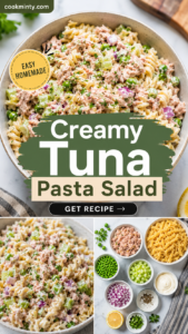 Creamy tuna pasta salad with rotini pasta, tuna, peas, celery, red onion, herbs, and creamy dressing served in a bowl.
