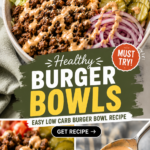 Healthy burger bowls with seasoned ground beef, lettuce, tomatoes, cucumber, cheddar cheese, pickles and creamy burger sauce