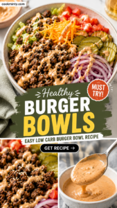 Healthy burger bowls with seasoned ground beef, lettuce, tomatoes, cucumber, cheddar cheese, pickles and creamy burger sauce