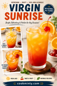 Virgin Sunrise Mocktail with orange juice, grenadine, ice, orange slice and cherry